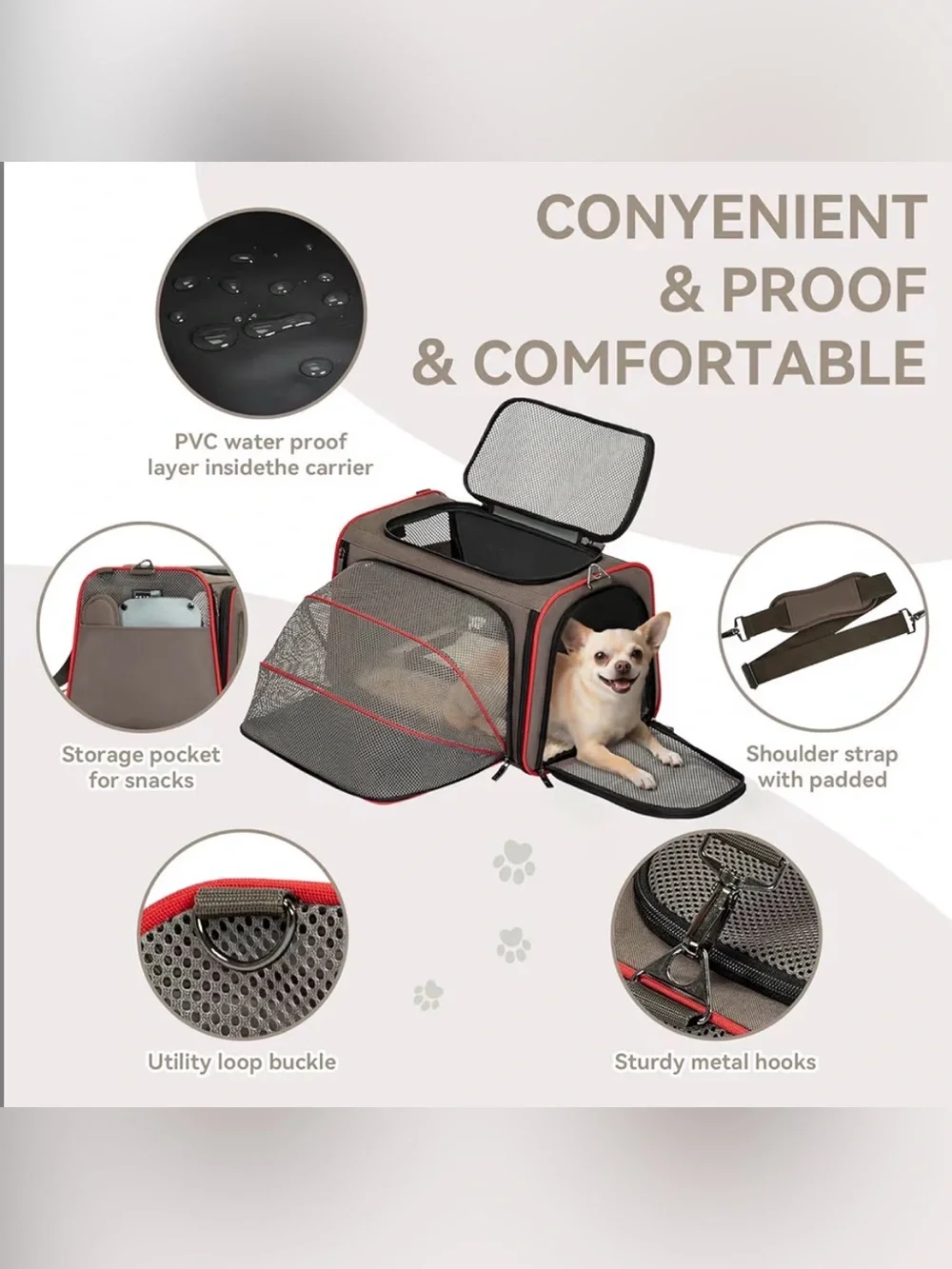 NWT. Collapsible Pet Carrier Bag in Taupe with Red Trim, Expandable